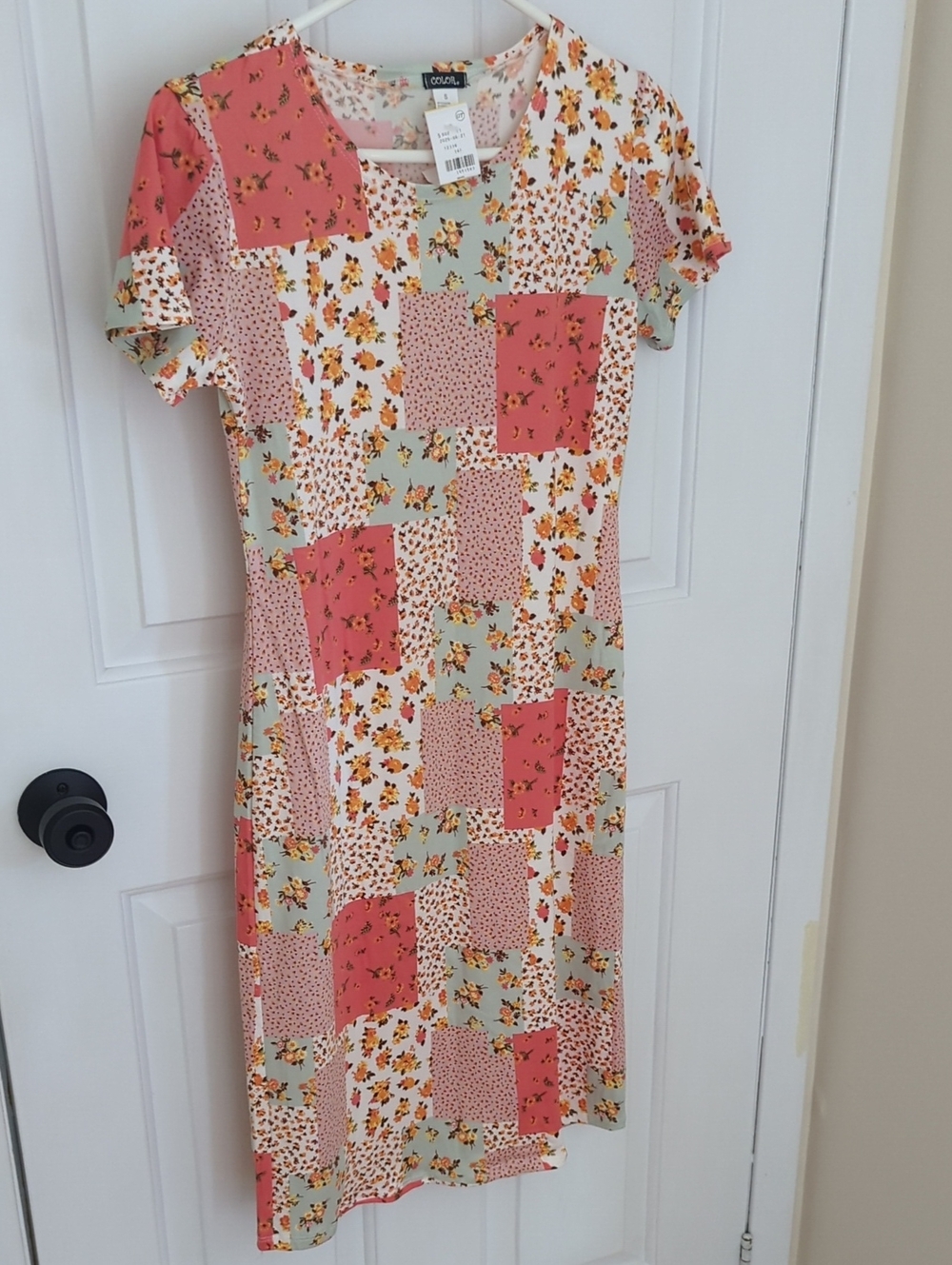 Coral Patchwork Floral Midi Dress with Sage Accents